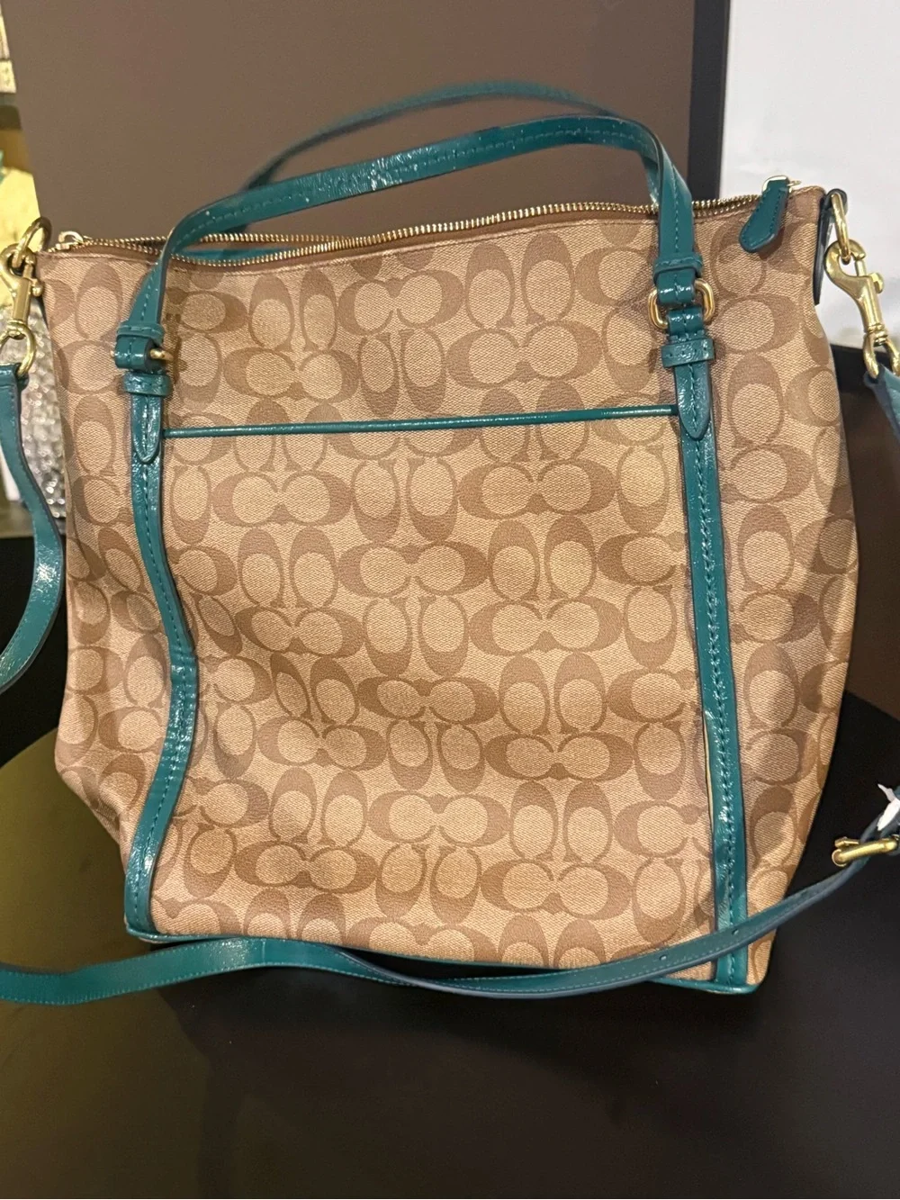 Coach Beige Signature Shoulder Bag with Teal Trim